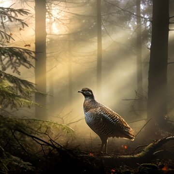 A hazel grouse stands in a beautiful sunlit forest