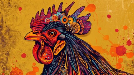 Colorful stylized rooster illustration on yellow background