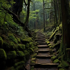 A beautiful and enchanting forest path, with a stone staircase leading through the lush green moss and ferns