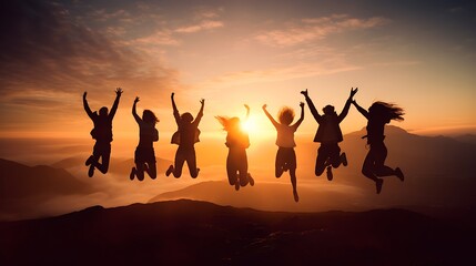 Fototapeta premium Silhouette of group of people jumping in the air in front of bright sunrise in mountain 