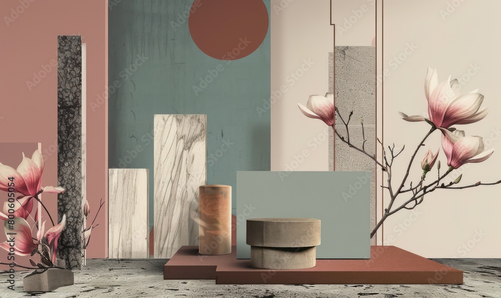 Poster an artistic arrangement of various textures and patterns with pink flowers adding a natural touch to
