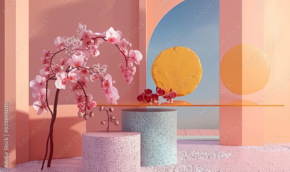 Poster a serene scene with delicate cherry blossoms complementing soft-hued architectural structures and sp