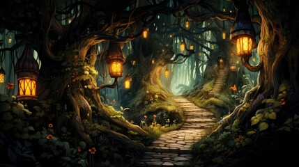 a illustration wide winding path through lush enchanted forest, with tree canopy, magical fairytale lanterns