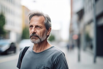 A man with a beard and gray hair is standing on a city street