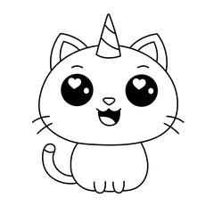 Kawaii Cat Unicorn Coloring Page. Caticorn Outline Design On White Background. Cute Unicorn Cat Vector Illustration