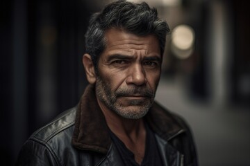 Obraz premium A man with a beard and a leather jacket is looking at the camera
