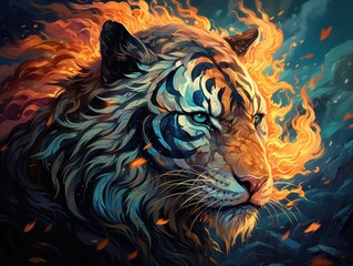 a illustration chinese painting tiger's head in color with flames