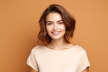 A woman with short brown hair and a tan shirt is smiling