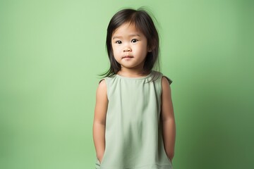 A young girl is wearing a green dress and standing in front of a green wall