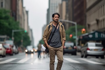 A man wearing a brown jacket and gray shirt is walking down a city street