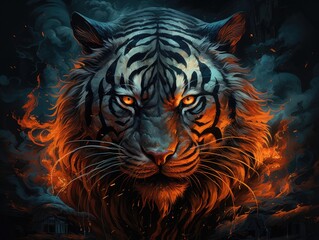 Fototapeta premium a image chinese painting tiger's head in color with flames