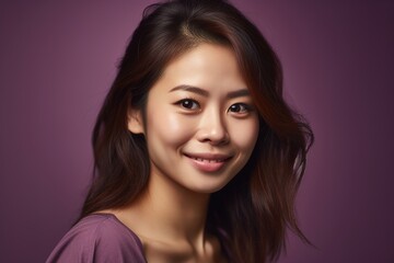Fototapeta premium A woman with long brown hair and a purple shirt is smiling