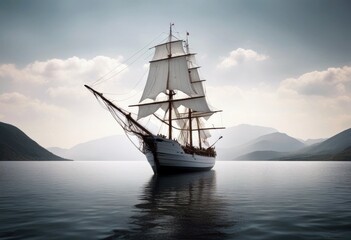 Fototapeta premium 'paper white sailing ship river mountain boat origami transport toy water body stream sea waterfall current obstacle blue nature concept romance sailboat symbol'