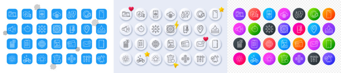 New message, Smartphone buying and Report line icons. Square, Gradient, Pin 3d buttons. AI, QA and map pin icons. Pack of Loud sound, Video conference, Computer fan icon. Vector