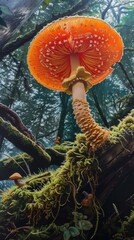 Giant red mushroom on a moss-covered log in a misty forest