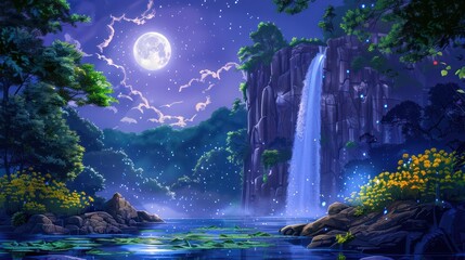 An enchanting digital illustration of a moonlit waterfall amidst a serene night-time forest, evoking quietude and wonder