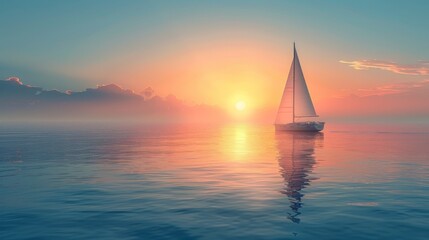 Illustration of floating boat. Front yacht. Sail. Sailing sport. Summer background.
