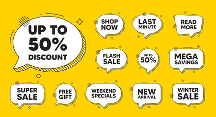 Offer speech bubble icons. Up to 50 percent discount. Sale offer price sign. Special offer symbol. Save 50 percentages. Discount tag chat offer. Speech bubble discount banner. Text box balloon. Vector