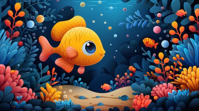 An underwater cartoon background with fish, sand, seaweed, pearls, jellyfish, coral, starfish, octopus, and a sea horse.