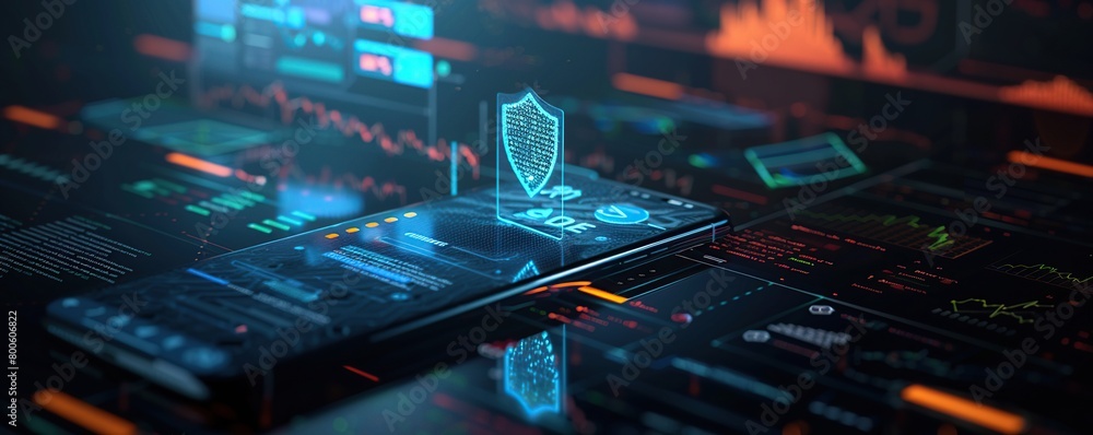 Poster 3d digital illustration of phone with shield shaped screen lock, cyber security concept background.