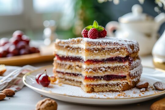 Linzer torte (nut and jam layer cake) on a white plate
