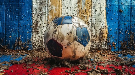 Rough texture with a moving ball. Soccer competition card for web design and print. Football championship background with moving ball and french flag colors.