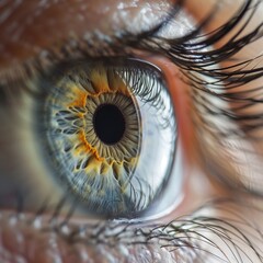 A detailed close-up of an eye with a gray iris, showcasing its intricate structure and unique pattern, offering a captivating look into human anatomy