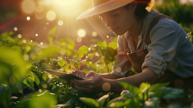 Closeup a smart farmer using tablet to analyzing farm plant in the morning. Generated AI image