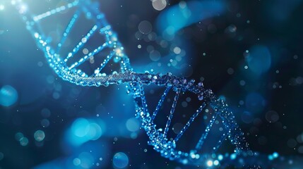 Vector abstract blue DNA double helix illustration with shallow depth of field. Mysterious source of life background. Genom futuristic image. Conceptual design of genetics information