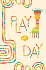 A lively vector poster for kids spaces here. Neon-lit Play All Day message, cute giraffe, and vibrant shapes make it a modern, playful addition, inspiring fun and imagination.