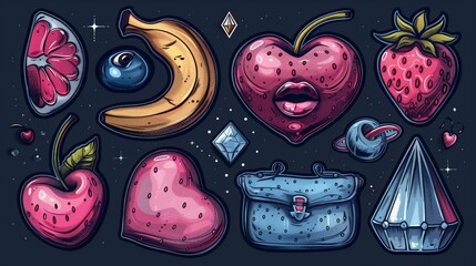 An extensive collection of fashion patches with heart, rose, purse, banana, cherry, crown, lips, diamond, eyes. A modern doodle pop art sketch sticker set. - obrazy, fototapety, plakaty