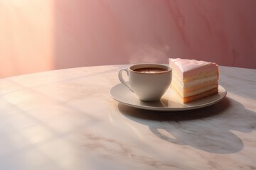 A steaming cup of coffee sits next to a slice of cake on a marble table.