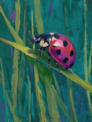 A beautifully detailed hand-painted ladybug perched on a textured blade of green grass in a naturalistic style