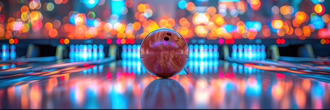 A striking close-up shot of a bowling ball with a blurred background of neon lights that create a bokeh effect, highlighting the leisure theme