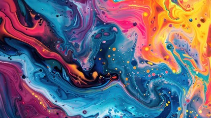 This fluid painting portrays a lively and colorful abstract world, full of dynamic shapes and flows