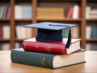 Student academic square cap on a pile of academic handbooks, university campus studies graduation day bachelor or master degree