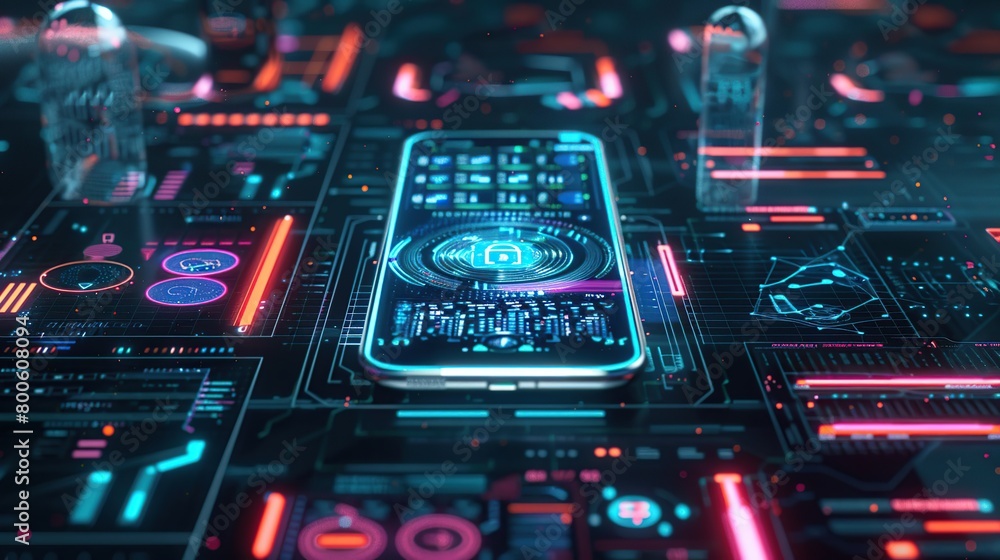 Poster futuristic digital interface protecting data on smartphone. cybersecurity a holographic dark backgro