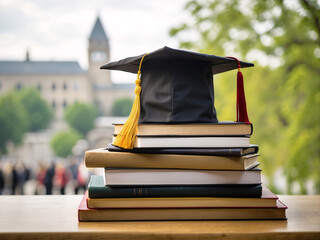 Student academic square cap on a pile of academic handbooks, university campus studies graduation day bachelor or master degree