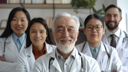 Fototapeta premium A group of doctors, in the center is a man of Asian descent. They are all dressed in lab coats and have their arms crossed over their chests.