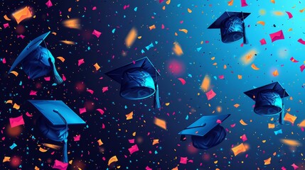 Modern illustration of the graduation party sign for the class of 2021 and a typographic greeting card with diplomas, hats and lettering. - obrazy, fototapety, plakaty