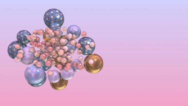 Spheres 3D render abstract geometric animation. Balls floating and rotating. Pastel pink, blue, gold colors.