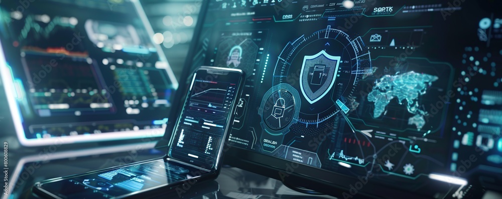 Poster A futuristic digital interface displays multiple holographic of security a shield and lock, and graphs on dark background.