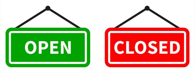 Open and closed signboard. Red and green banners with the inscription closed and open.
