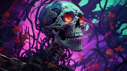 a picture skeleton full of bright colors in the style of terror wave