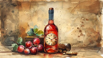 Drink-related typographic quote. Bottle wine with clock for logo emblem design. Retro kitchen print element. It's wine time!