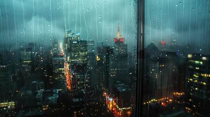 Cityscape through a rain-soaked window creates a reflective mood, glowing neon lights blurred in the background