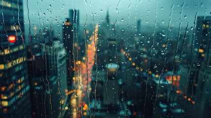Evening city life paused by the intimate view behind a rain-spattered window, urban lights dancing in drops