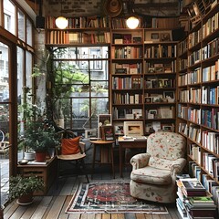 Cozy Bookstore Retreat with Rustic Shelves and Inviting Armchairs for Quiet Reading
