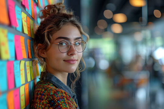 woman standing in an office space - a whiteboard with a lot of post-its in the background
