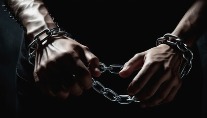 World Day against Human Trafficking. A man with chained hands. The illicit trade of humans often involves severe violations of basic human rights